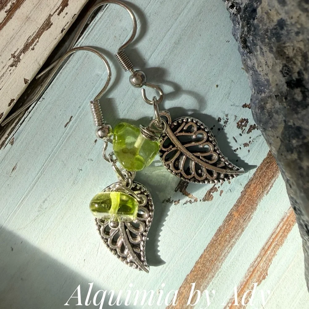 Peridot Beaded Leaf Earrings — Silver Hooks, Lightweight Dangles
